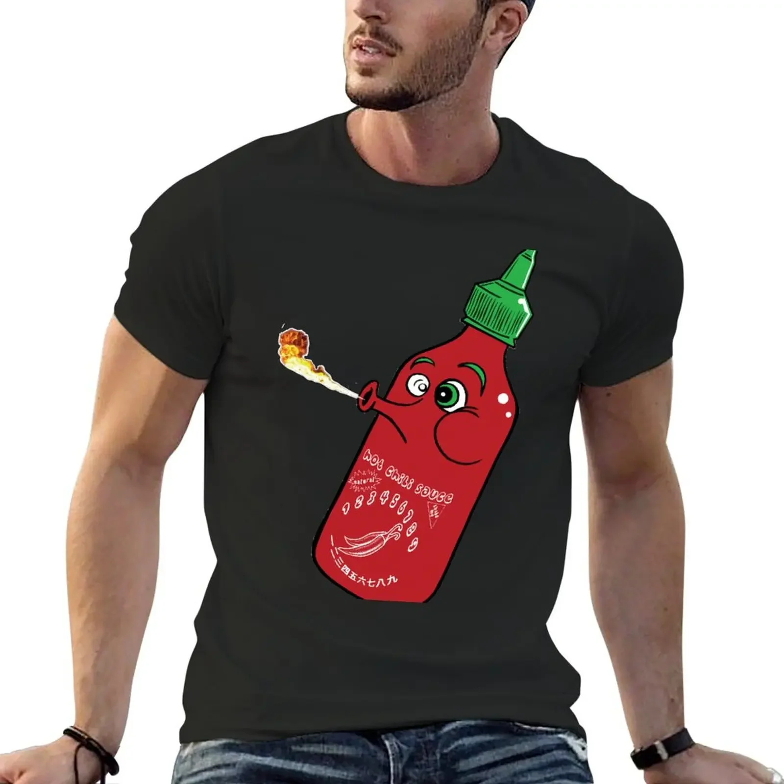 

Sriracha Hot Chili Sauce ABC's of Groceries Cartoon T-Shirt cute clothes oversized men t shirts