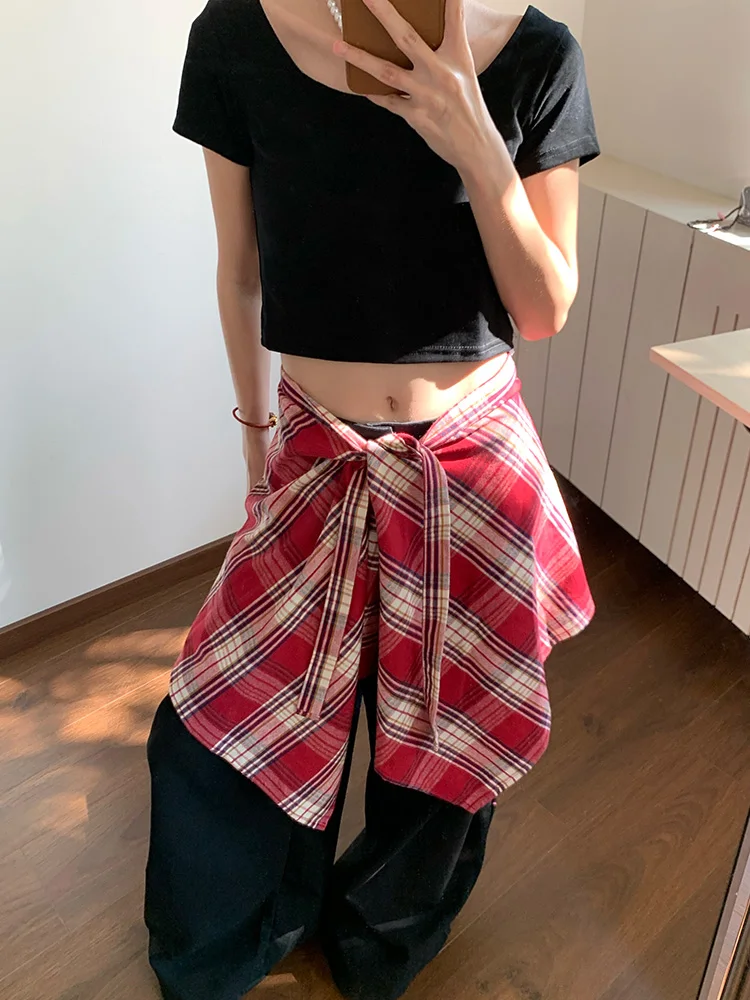 American Retro Plaid Skirt Women's Fashionable High Waist  Skirt Korean Style Uneven High Waist Short Skirt