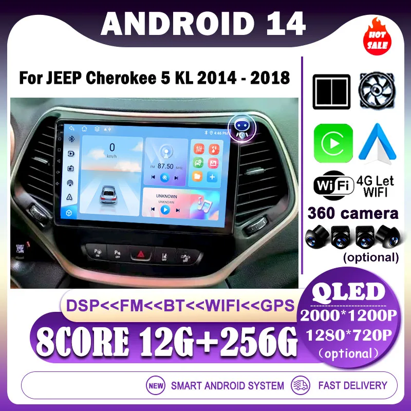 

Android14 For JEEP Cherokee 5 KL 2014 - 2018 Car Multimedia Player 8CORE WIFI Carplay QLED Screen Car Radio Stereo GPS Navi DSP
