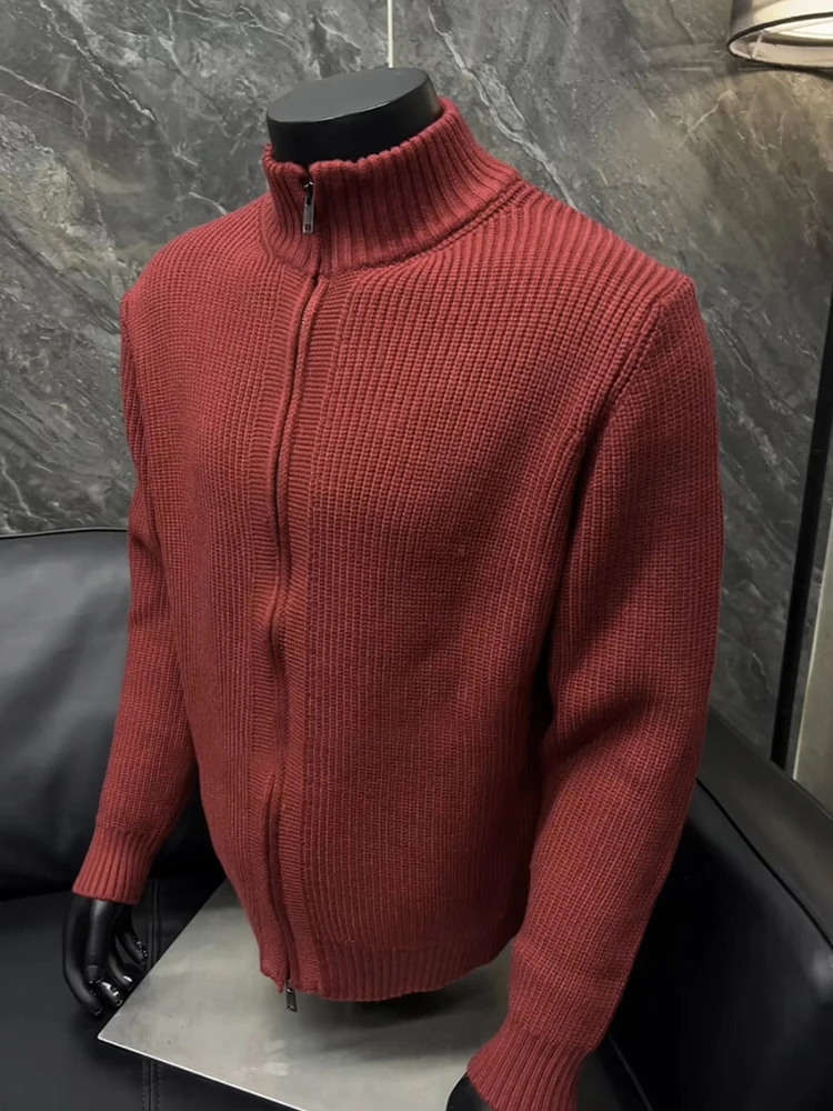 

Мужской кардиган-свитер с воротником-стойкой цвета красного вина, осенний, в американском стиле, свободного кроя, высококачественный вязаный жакет