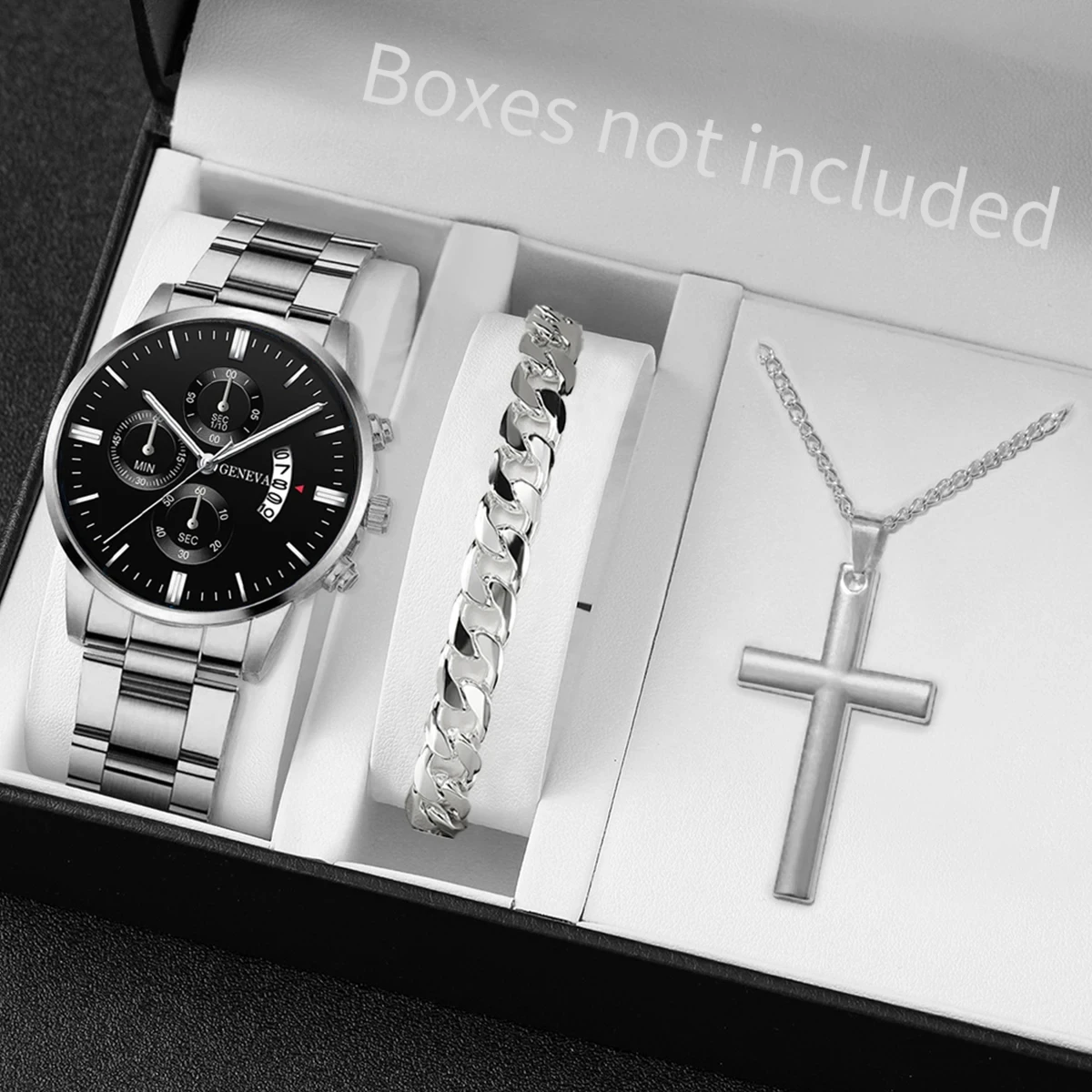 3PCS/Set Fashion Men's Stainless Steel Band Watch Casual Calendar Quartz Watch Jewelry Set（Without Box） image 2
