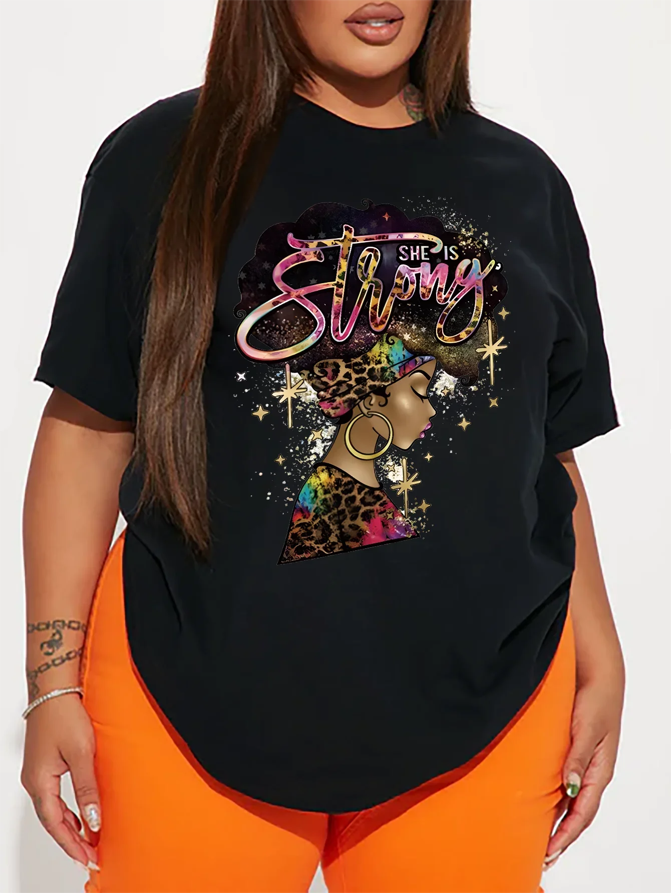 

Plus Size Women Clothing Casual Summer Round Neck Short Sleeves Printed Alphabet Avatar Graphics Tops Plus Size T-shirt