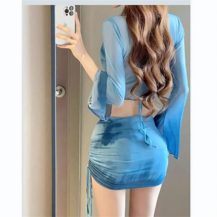 Coreano 4 peça conjunto de biquíni feminino azul tie dye malha manga longa cobrir com saia plissada maiô praia maiô