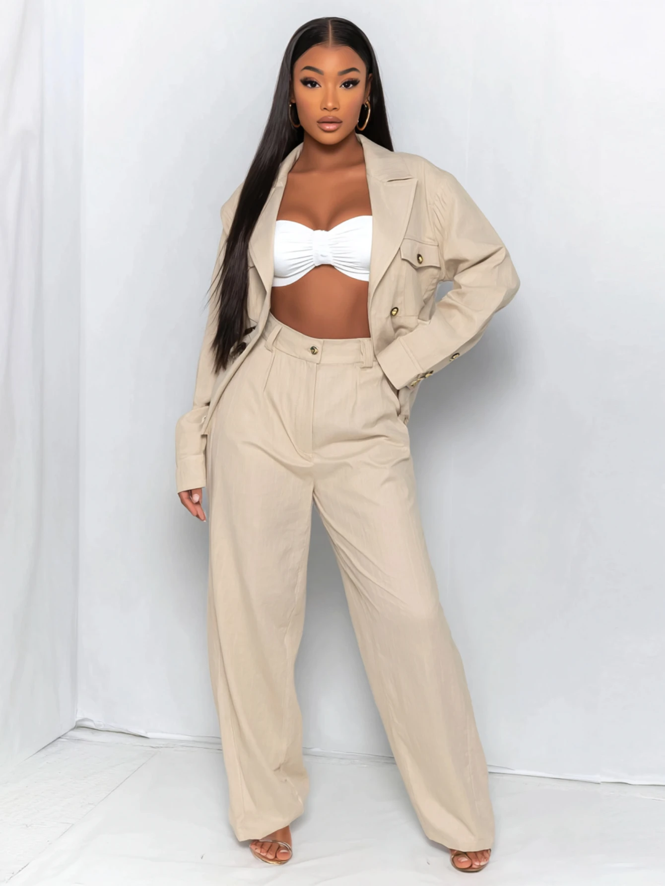 

Mia Muse Boutique Women's Sets All Season Plain Single Breasted Button Front Long Sleeve Lapel Full Length Business Pants Sets