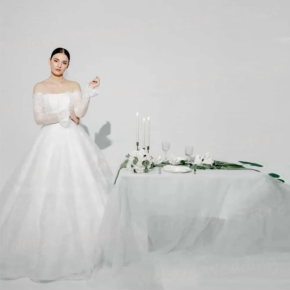 فساتين زفاف فاخرة على شكل حرف A للنساء من الدانتيل بدون أكتاف رداء De Mariée فساتين عروس مخصصة بأكمام طويلة فيستدو دي نوفيا