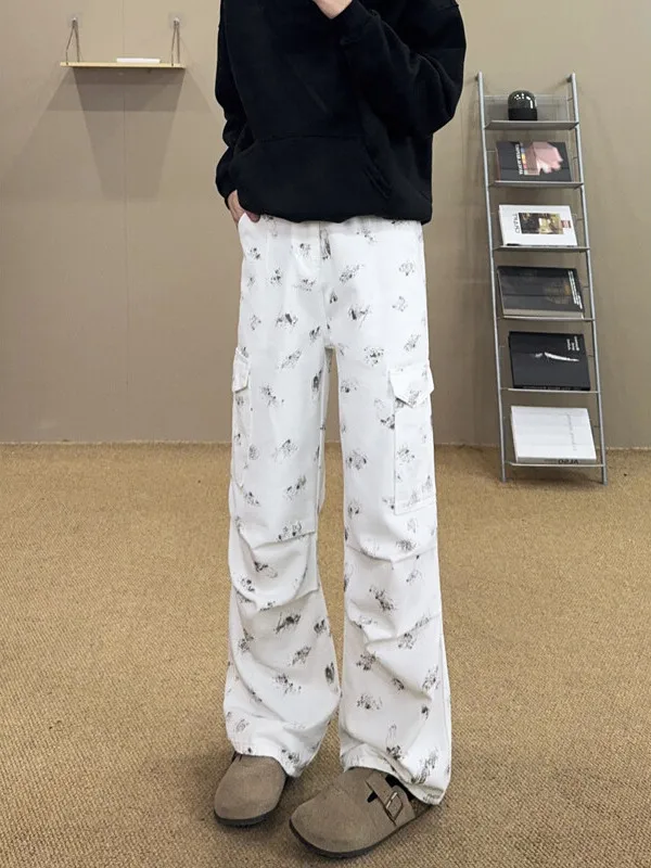 

White Splashed Ink Men's Jeans Spring American Retro Big Pocket Workwear Pants Cleanfit Flared Trousers Cotton Polyester Blend