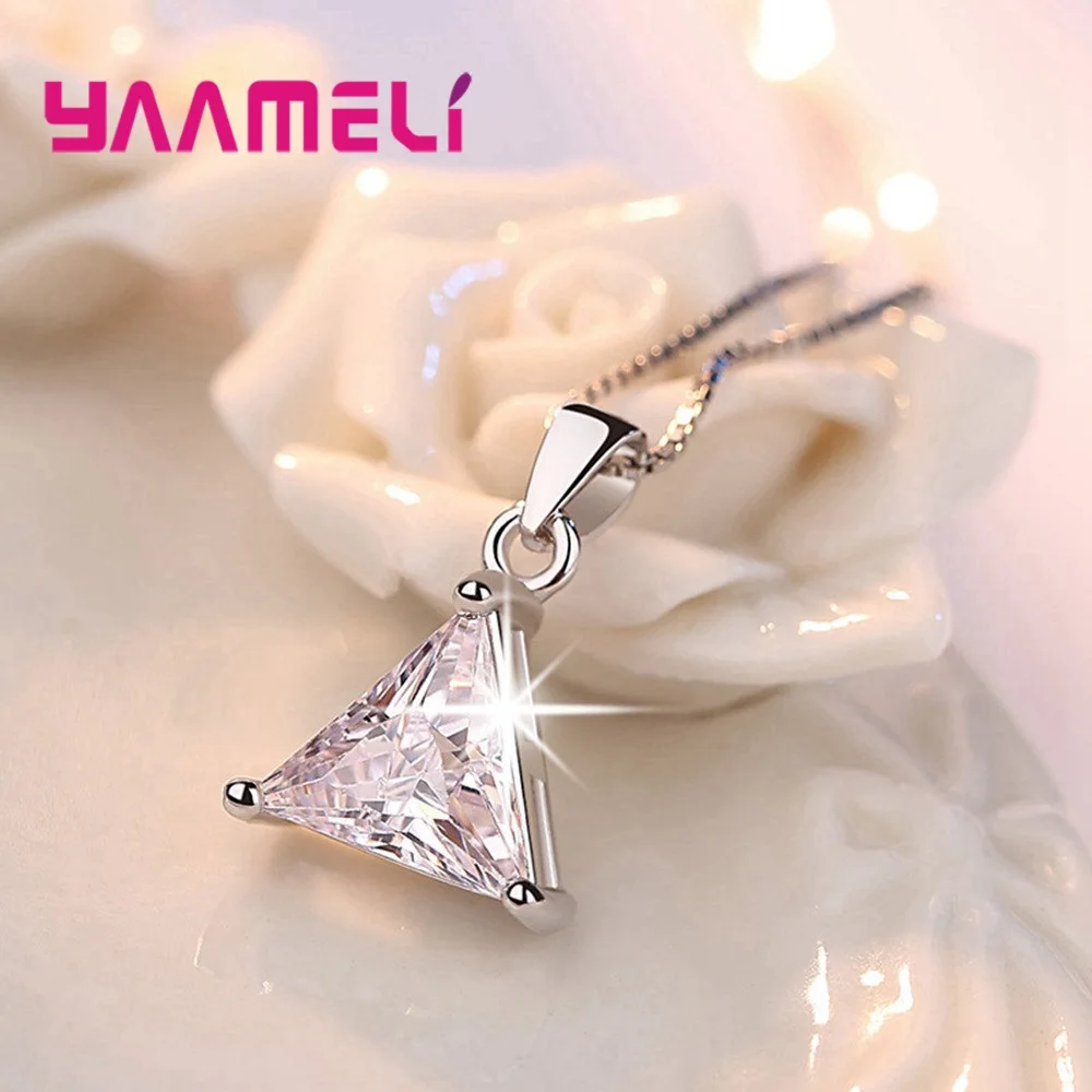 Ausgezeichnete Halsketten mit dreieckigem kubischem Zirkon-Kristall-Anhänger aus 925er-Sterlingsilber für Frauen und Mädchen, Jahrestag, Party, Schmuck, Geschenke