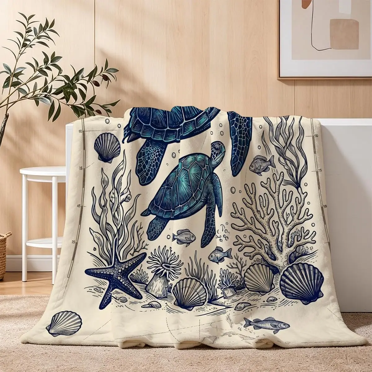 Vintage Nautical Map Sea Turtle Starfish Shell Coral Compass Ocean Print Soft Flannel Blanket for Bedroom Coastal Retro Warm