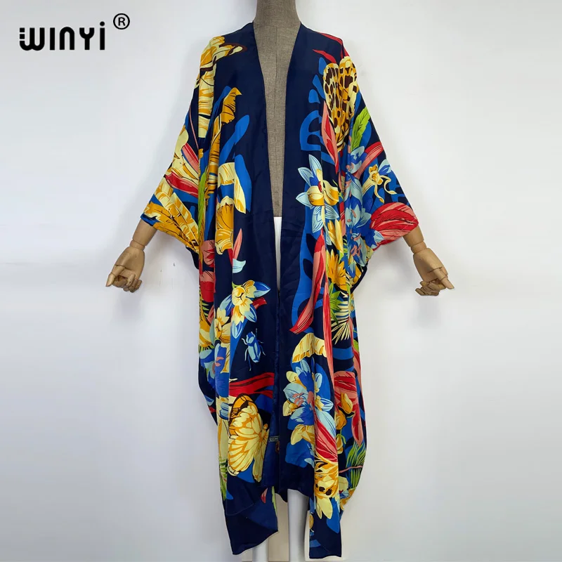 Winyi Afica Boho Print Lange Kimono Jurk Bikini Wrap Cover-Ups Vrouwen Zomerkleding Strandkleding Zwempak Cover Up Kaftan Kimono