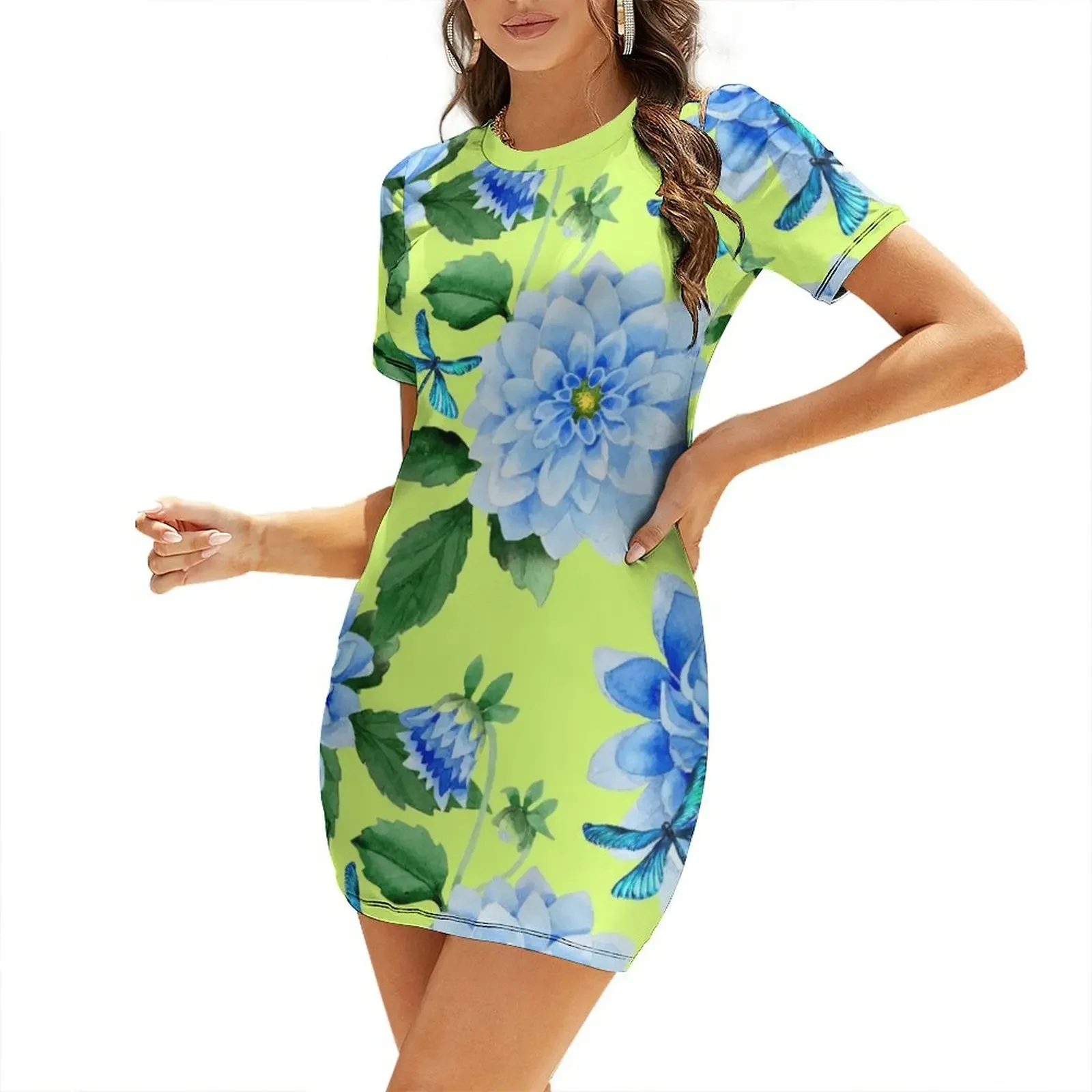Modern blue lime punch watercolor dahlia floral pattern Short-Sleeved Dress women evening dress women clothes Dress