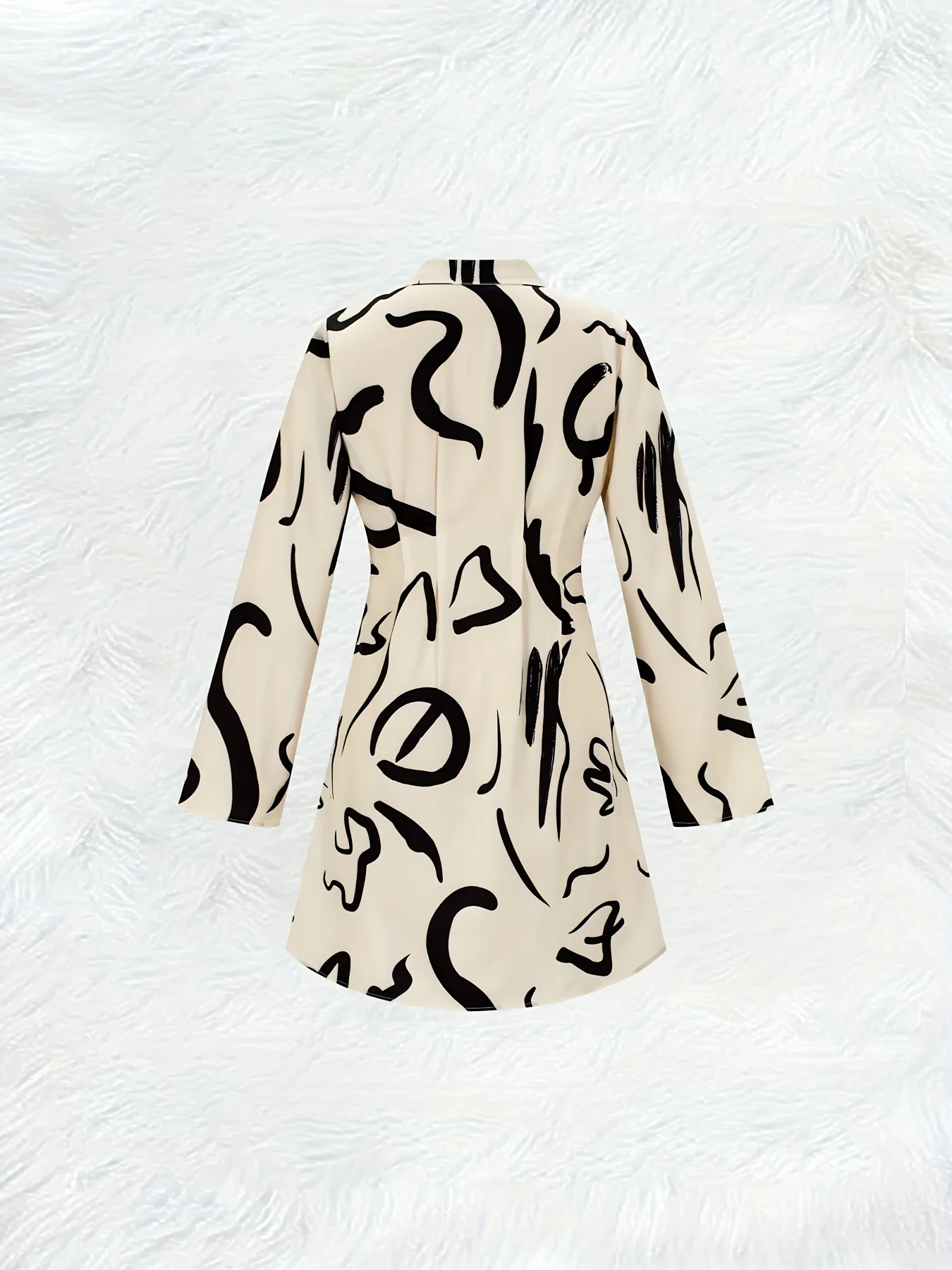 Spring and Autumn Style Casual Style Abstract Black Swirls On Cream Lapel Button Long Sleeve Shirt Dress