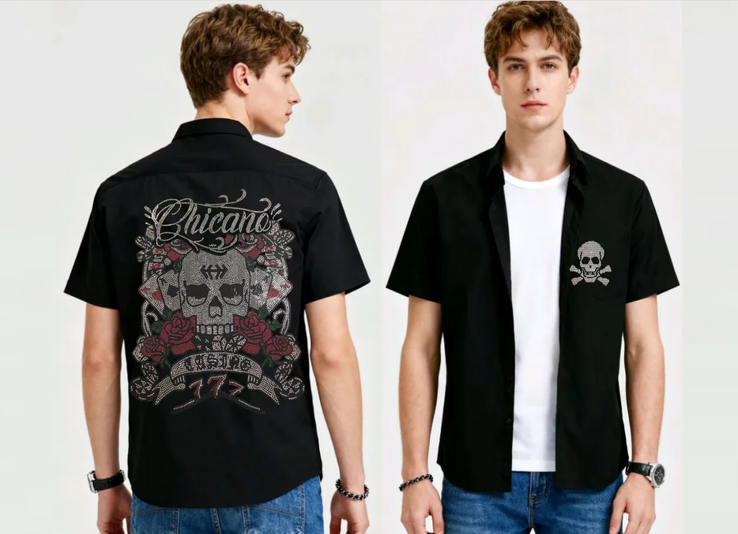 

Летняя красивая мужская рубашка с коротким рукавом и черепом со стразами, облегающие дизайнерские рубашки
