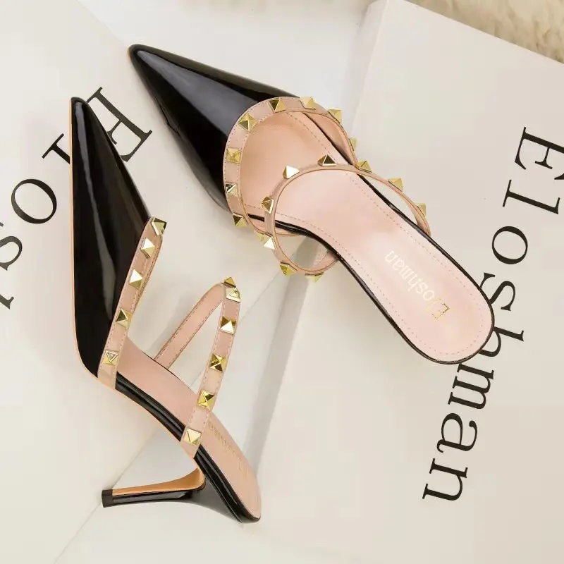 

Новые женские босоножки на высоком каблуке 7,5 см, остроконечные сандалии, женские туфли на высоком каблуке с заклепками и шипами, туфли на среднем каблуке 34-41