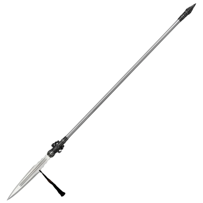 Dragon Pattern Piercing Cloud Long Spear Manganese Steel Triple Groove Spearhead Vintage Black Dragon Embossed Alloy Fittings