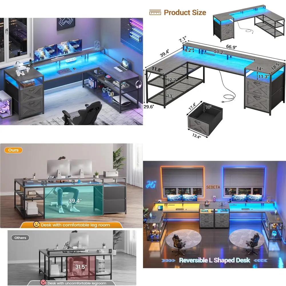 

L-Shaped Desk with Drawers, Office Desk with Storage Shelves and Power Outlet, Reversible Gaming Desk with LED Lighting