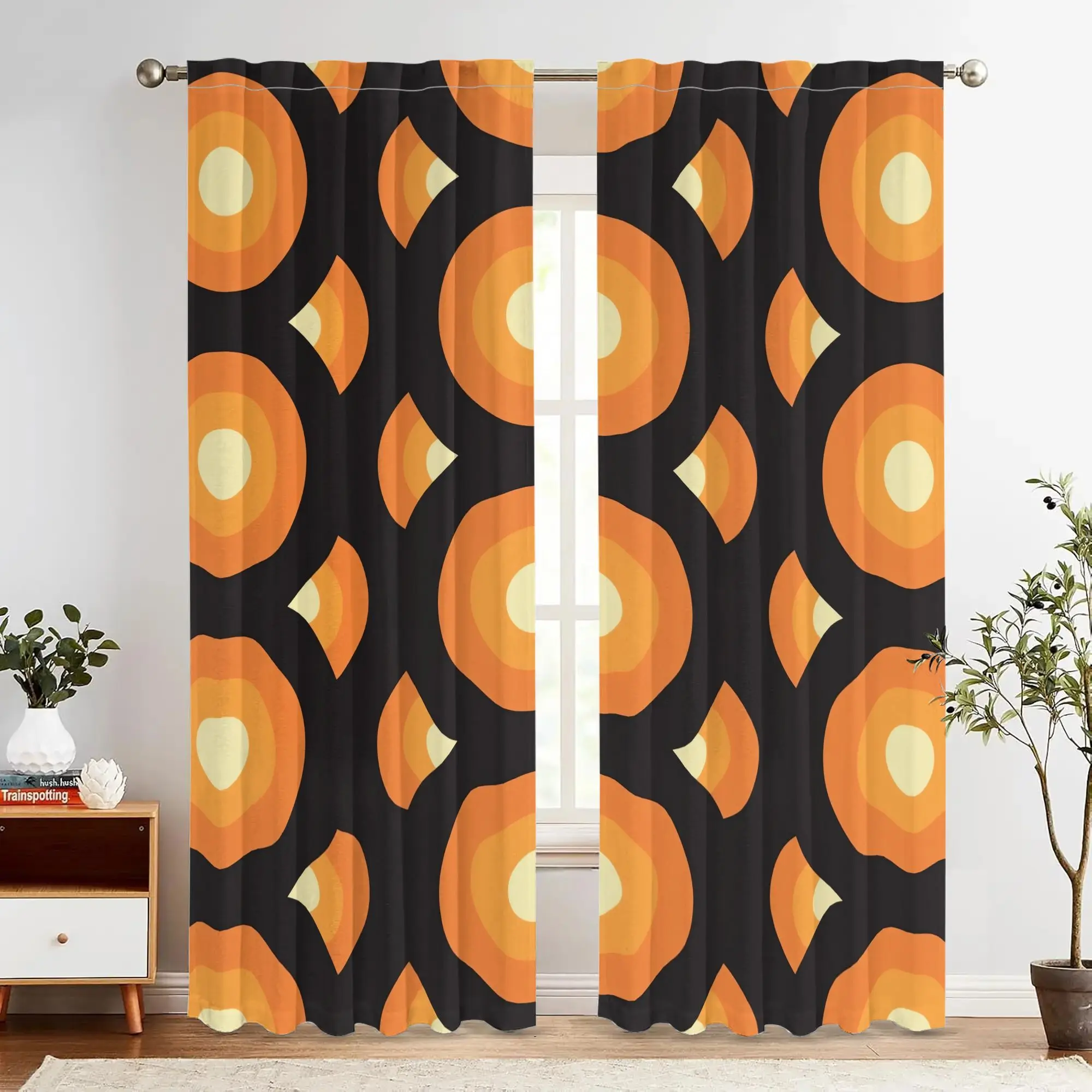 Abstract Geometric Curtain Pair Orange Black Modern Window Curtains Drapes for Living Room Bedroom Home Decor
