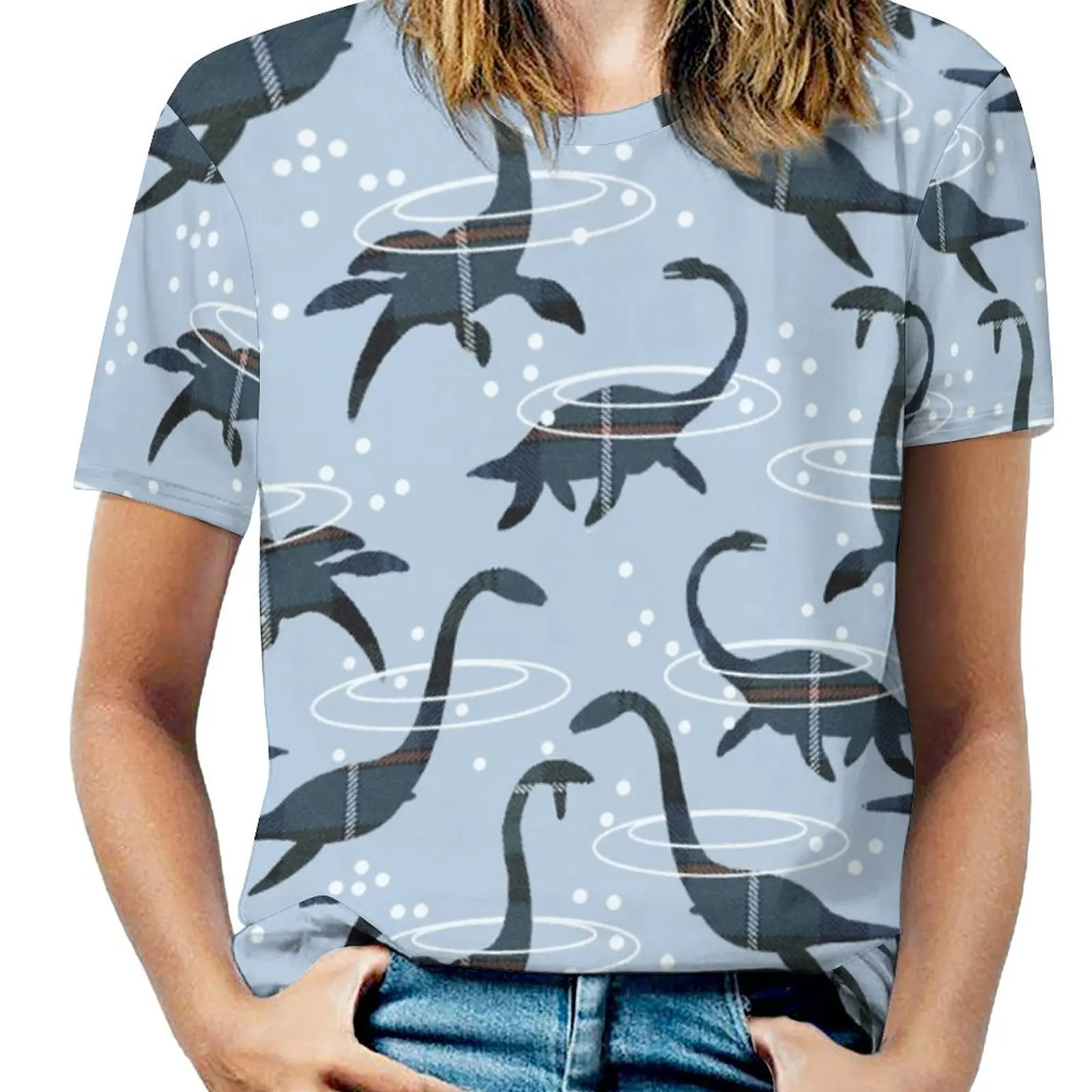 Nessie Woman'S T-Shirt Spring And Summer Printed T Shirts Crew Neck Pullover Top Plesiosaur Dinosaur Monster Nessie Loch Ness