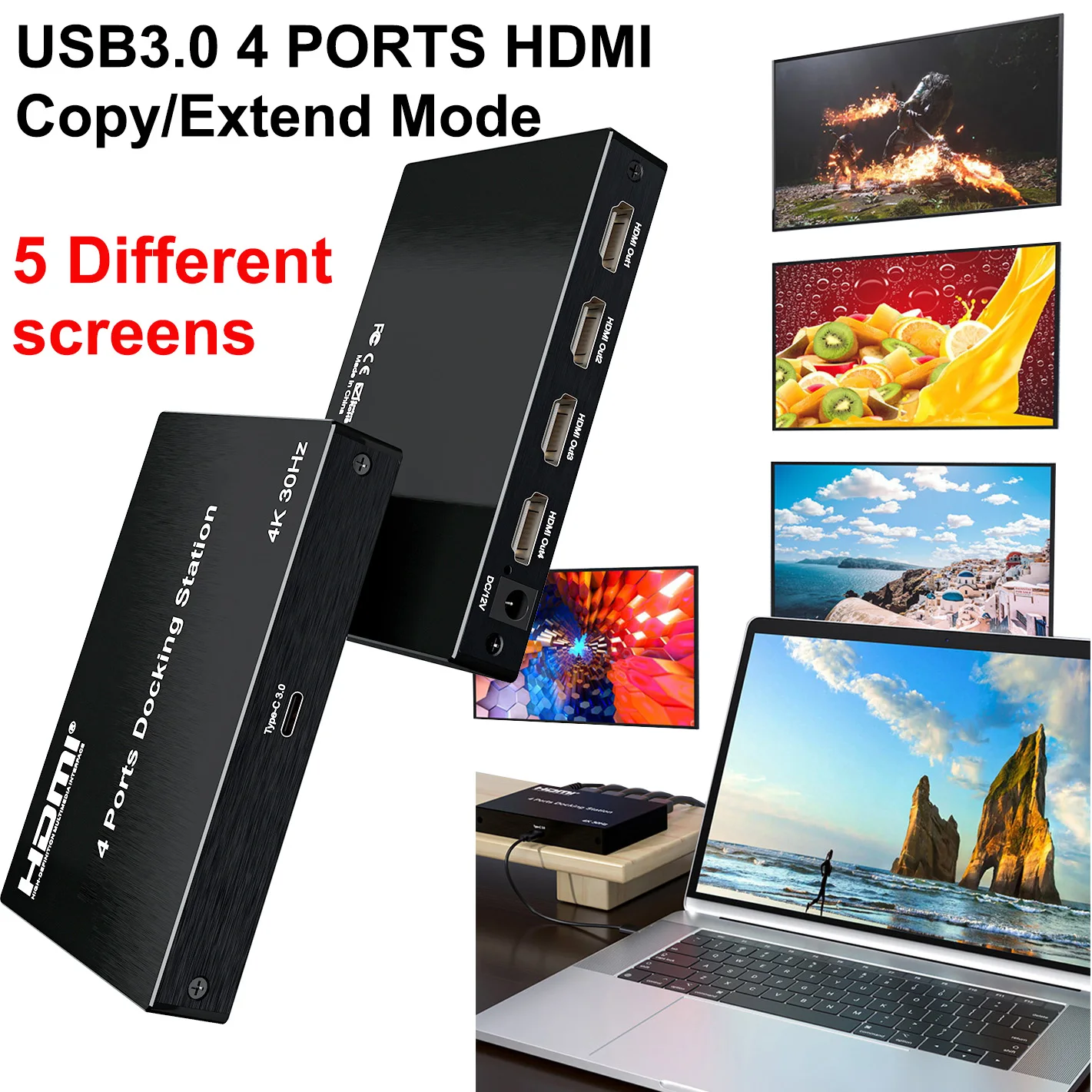 4K USB 3.0 To 4 Ports HDMI Splitter Computer Laptop PC Screen Extender Support Copy Mode Extend Mode Different Image Display