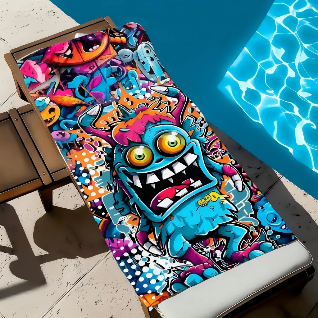 1pc Vibrant Graffiti Monster Print Beach Towel Flat Quick Dry Bath Towel Summer Travel Pool Party Dorm Decor Perfect