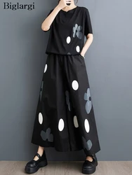 Oversized Polka Dot Print Summer 2 Two Piece Set Short Sleeve Casual Modis Women Ladies Blouse Pleated Loose Woman Wide Leg Pant