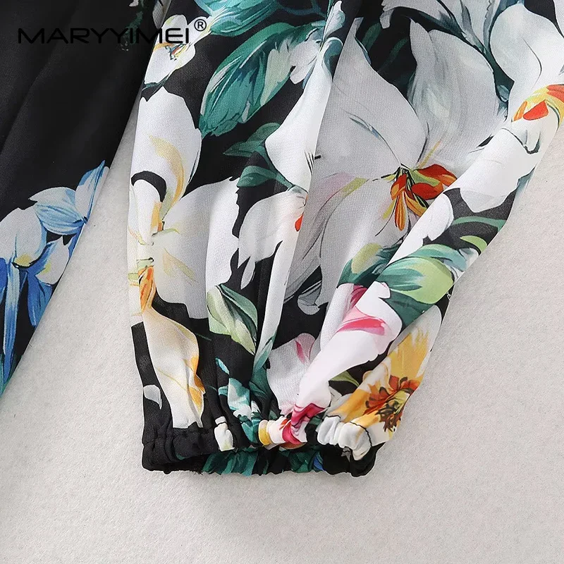 MARYYIMEI Women's Elegant Party Prom Dress Autumn V-Neck Long-Sleeved Floral-Print Lace-Up Slim Fashion Dresses