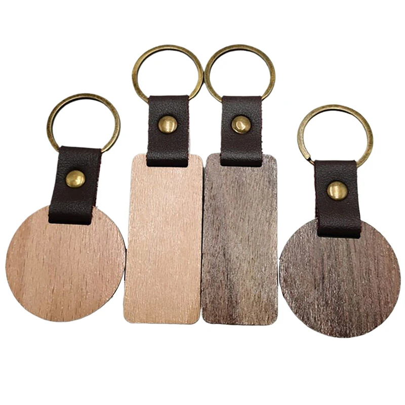 10Pcs Blank Wood Keyring Personalised Round/Rectangle Keychain Wooden Pu Leather Key Chain Jewelry For Friend