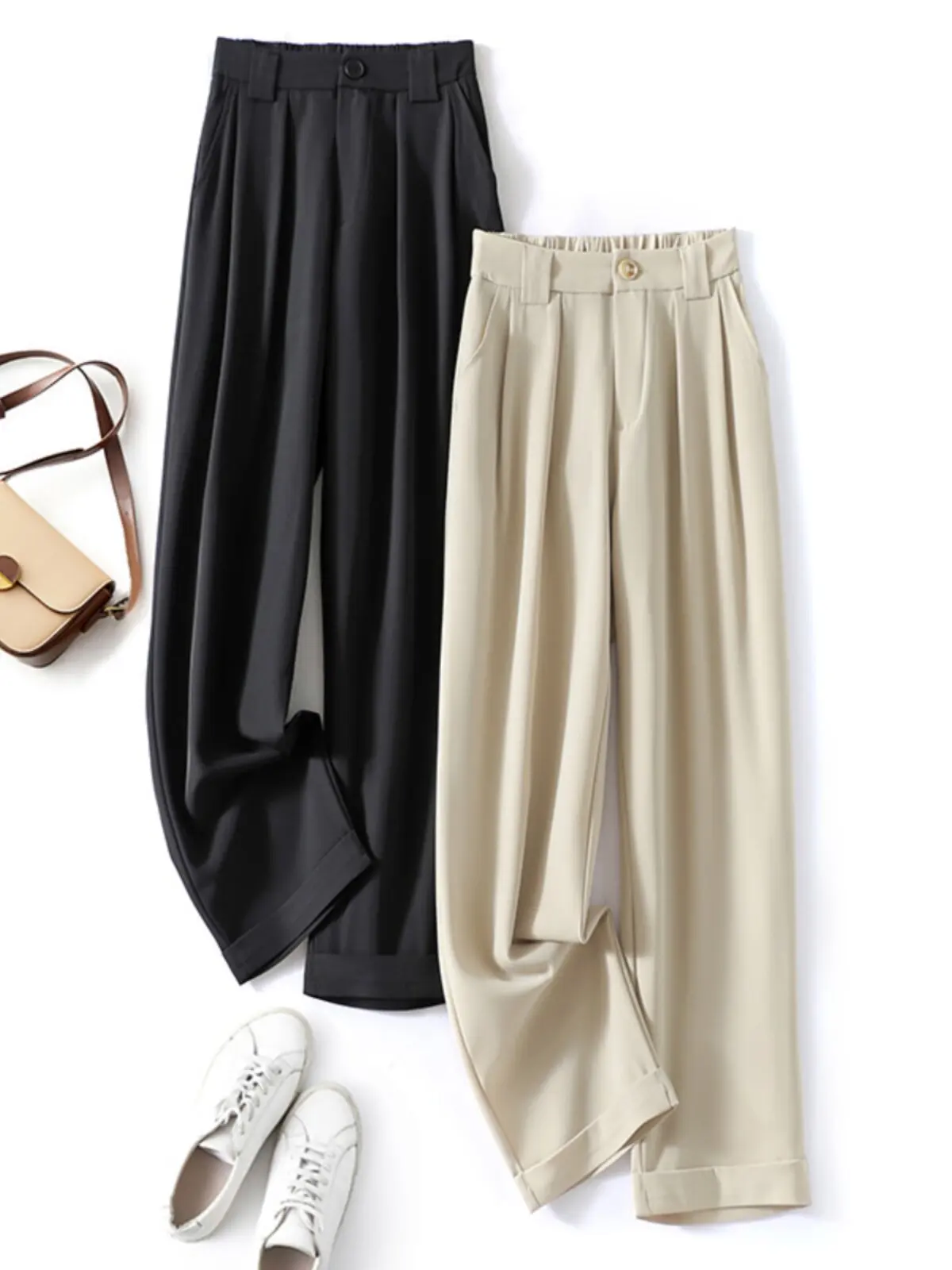 

Женские брюки с высокой талией и широкими штанинами, свободные прямые брюки, весенние модные повседневные брюки-костюм больших размеров с эффектом похудения и драпировкой