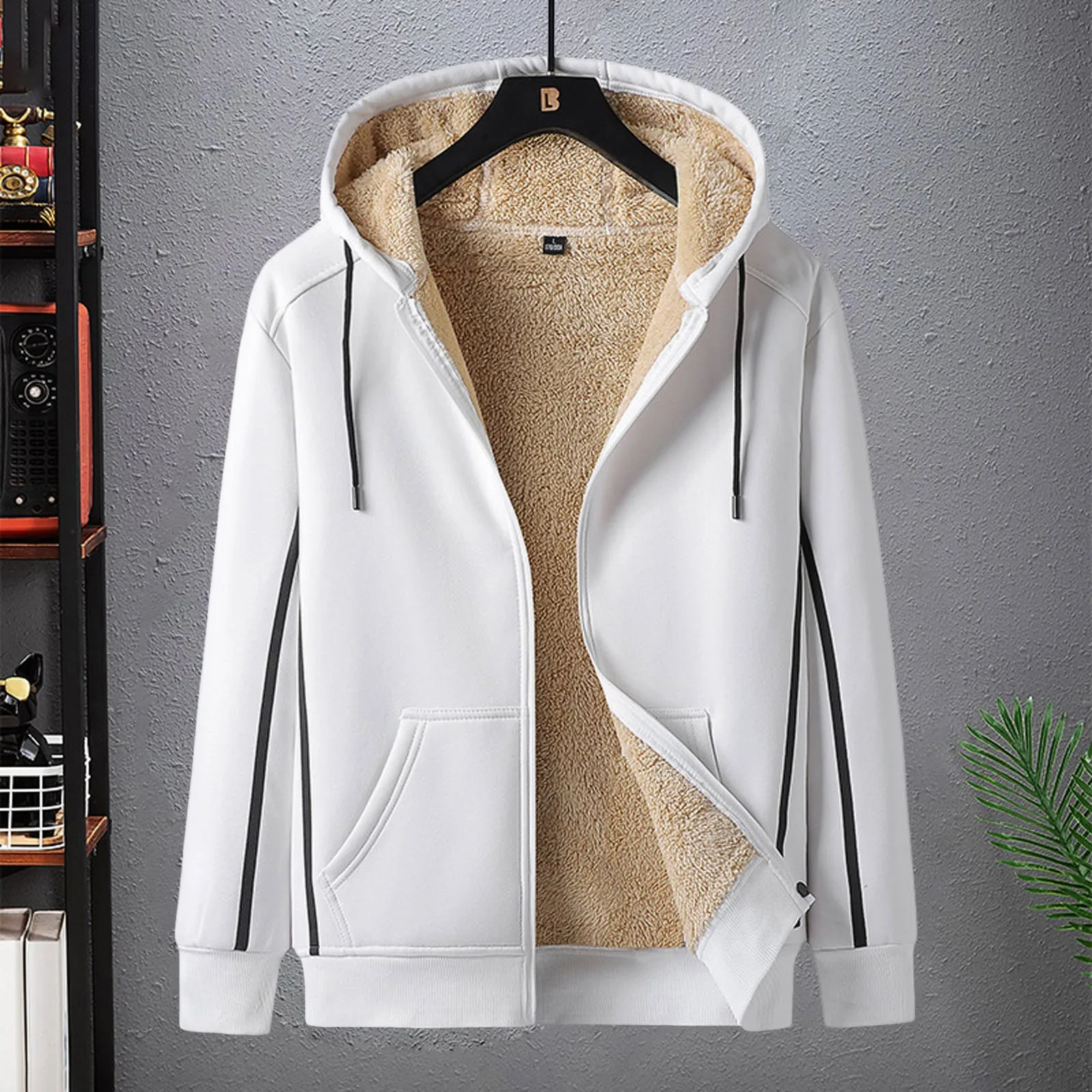 Men Winter Coat Thick Soft Plush Hooded Zip Up Cardigan Sweatshirts Solid Color Drawstring Pockets Casual Jacket Men Clothes