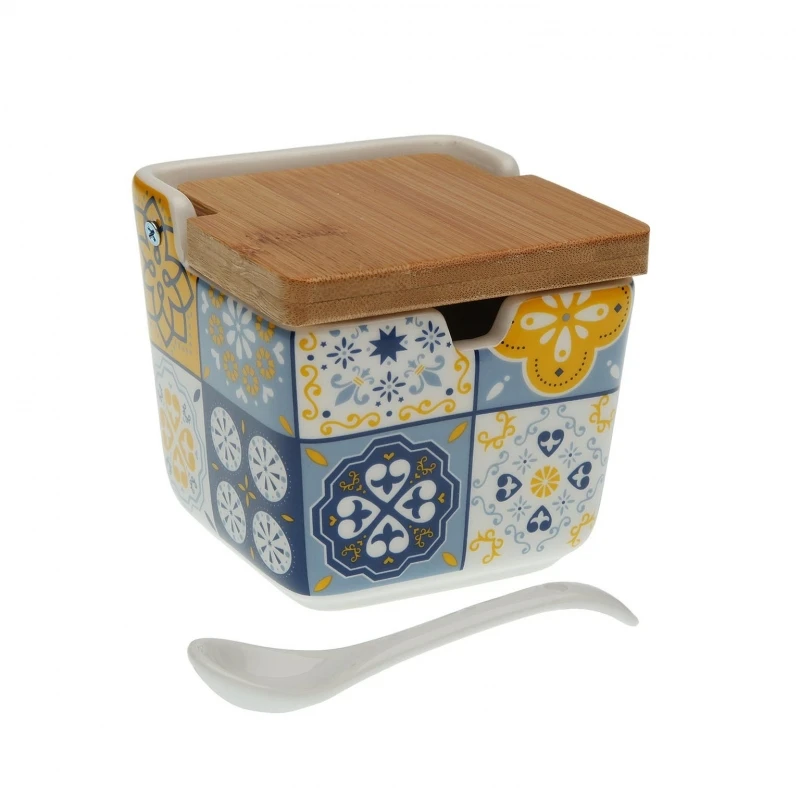 Ceramic kitchen sugar Salt and sugar salt with wooden lid original designs 498731 blue-yellow Bicolor mosaic