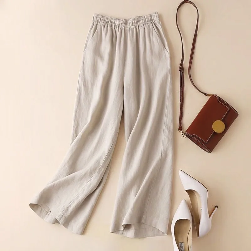 Fashion Full Length Casual Pants for Women Cotton Linen Wide Leg Pants Solid Summer Pants Female Loose High Waist Straight Trous