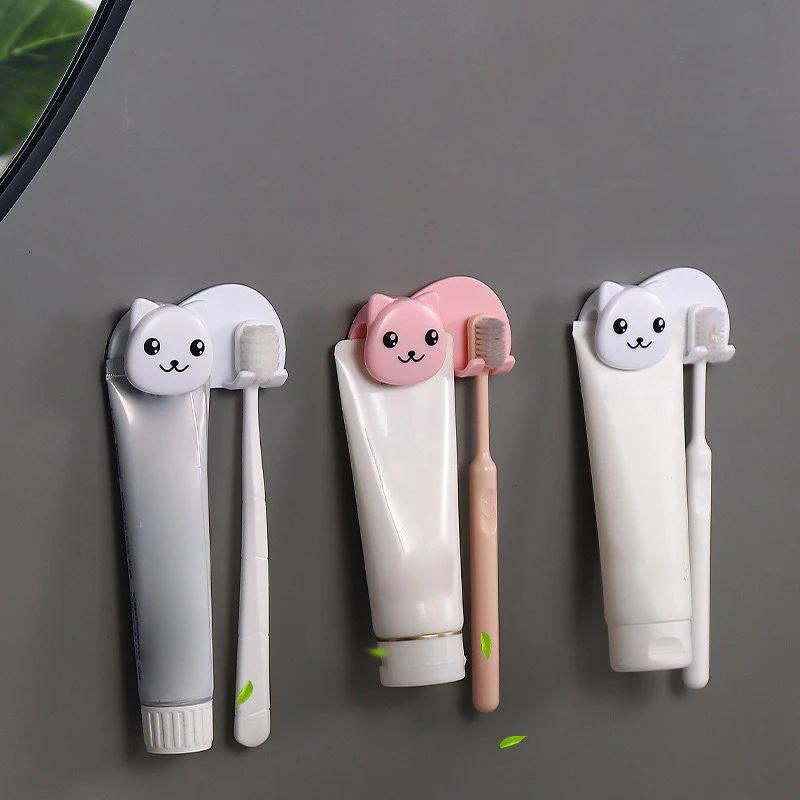 

Plastic Cat Shaped Toothbrush Holder Non Perforated 2 In 1 Toothbrush Toothpaste Rack Wall Mounted Facial Cleanser Storage Clip