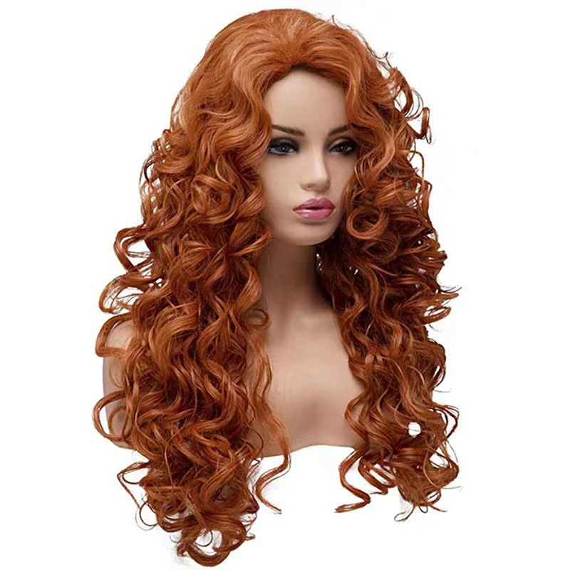 European And American Style Women\'s Brown Long Curly Wig Wool Curly Wig Medium Parted Chemical Fiber Wig