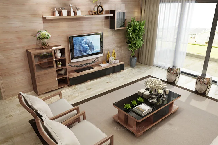 Tea Table Solid Wood Particles Walnut Grain Color Simple Modern Chinese Style Black Tempered Glass Tea Table Sofa Living Room