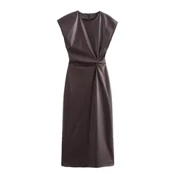 TRAFZA Women's New Fashion Versatile Solid Round Neck Faux Leather Midi Dress Female Elegant Pleated Zip Sleeveless Long Dress