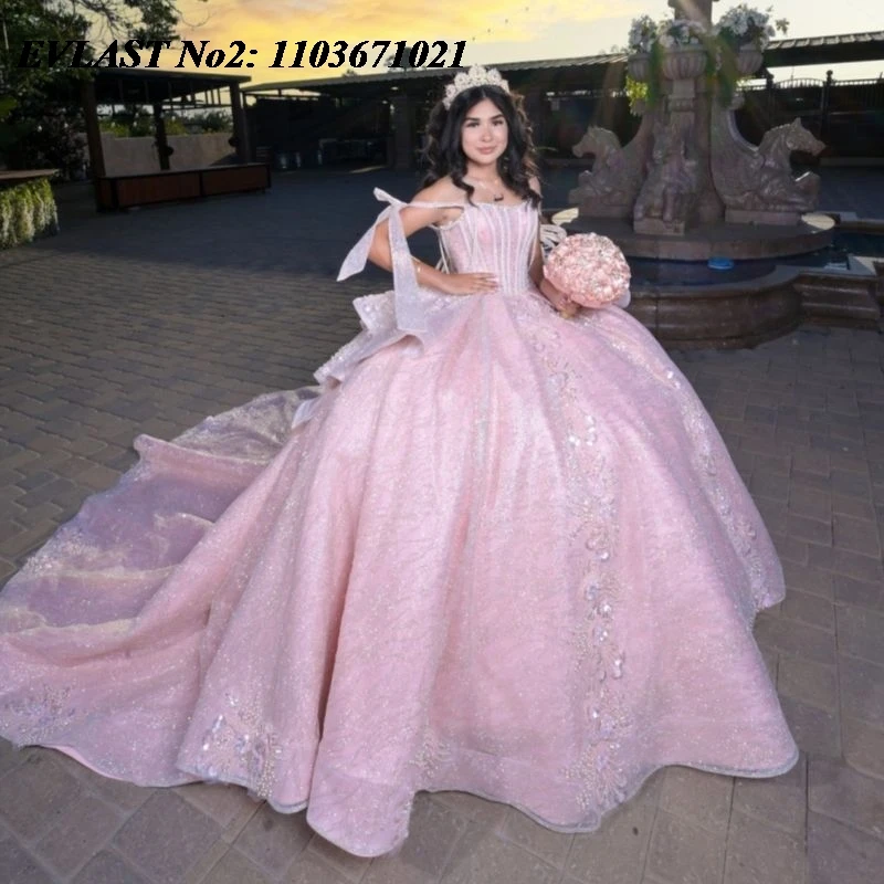 

EVLAST индивидуальное блестящее розовое платье Quinceanera с открытыми плечами, блестящая кружевная аппликация с бантом из бисера, милое платье 16, Vestidos 15 Anos E2QA174