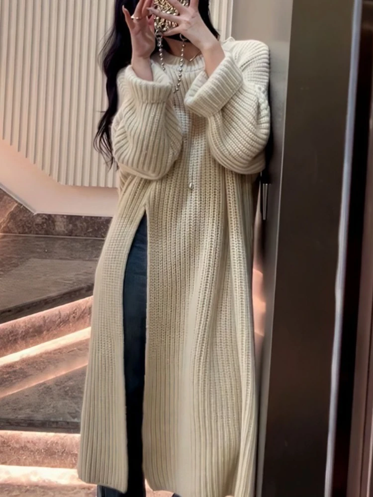 

Solid Loose Side-slit Asymmetrical Long Sleeve Soft Knitting Midi Simple Casual Chic French Style Dresses Women Autumn Winter