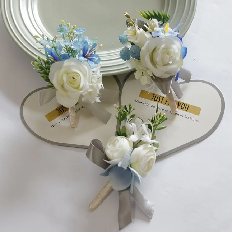 Boutonniere e corpetto da polso stile occidentale foresta ospiti banchetto festa forniture per matrimoni fresco bianco blu 121