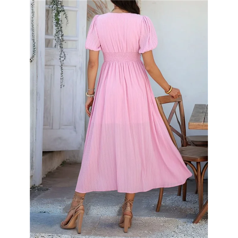 ชุดเดรสลำลองผู้หญิง ABRT สำหรับฤดูร้อน แขนพอง คอวี แต่งระบาย กระดุมหน้า ผ่าข้าง สไตล์โบฮีเมียน เหมาะสำหรับวันหยุดพักผ่อนที่ชายหาด งานแต่งงาน ปี 2025