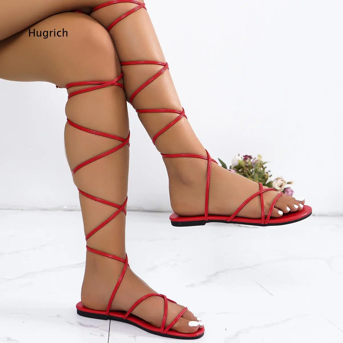Red Lace Up Gladiator Sandals Crisscross Straps Wrap Around Leg Flat Thong Summer Shoes
