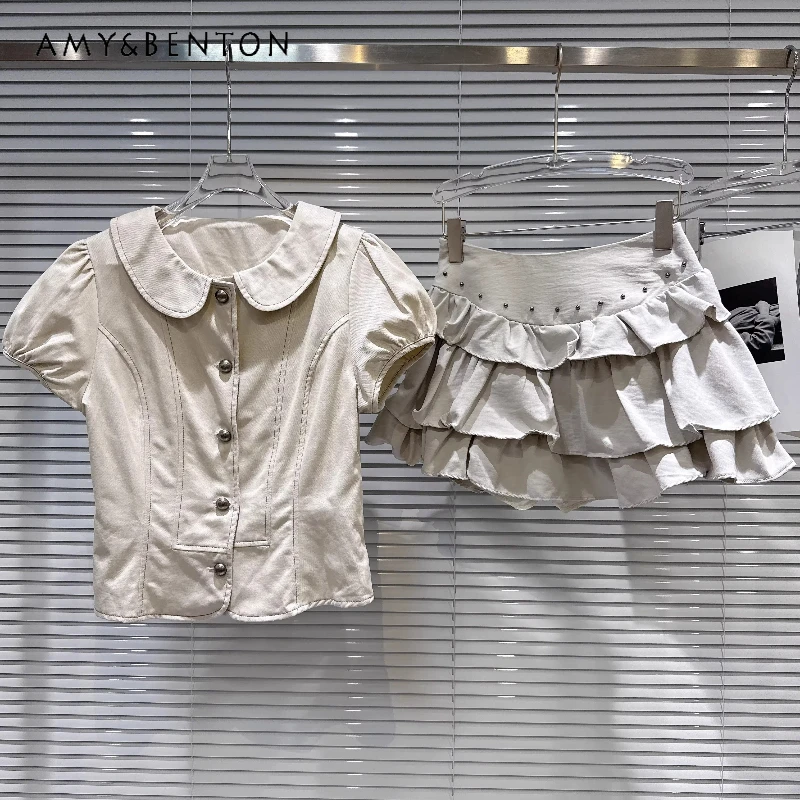 

Stylish Hot Girl Y2k Lapel Puff Sleeve Cute Women's Shirt 2026 Summer New Sweet Cool Rivet Versatile Cake Skirts Sets Ladies