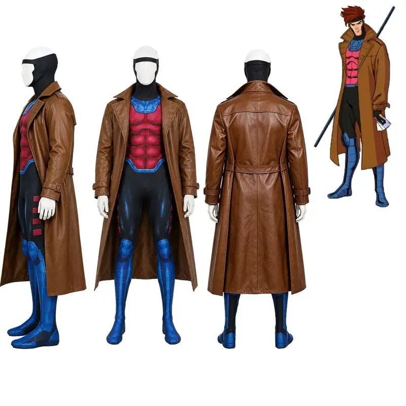 X Gambit Remy Cosplay Costume Man Battle Suit Leather Long Trench Jumpsuit Mask Set Superhero Halloween Carnival Outfits