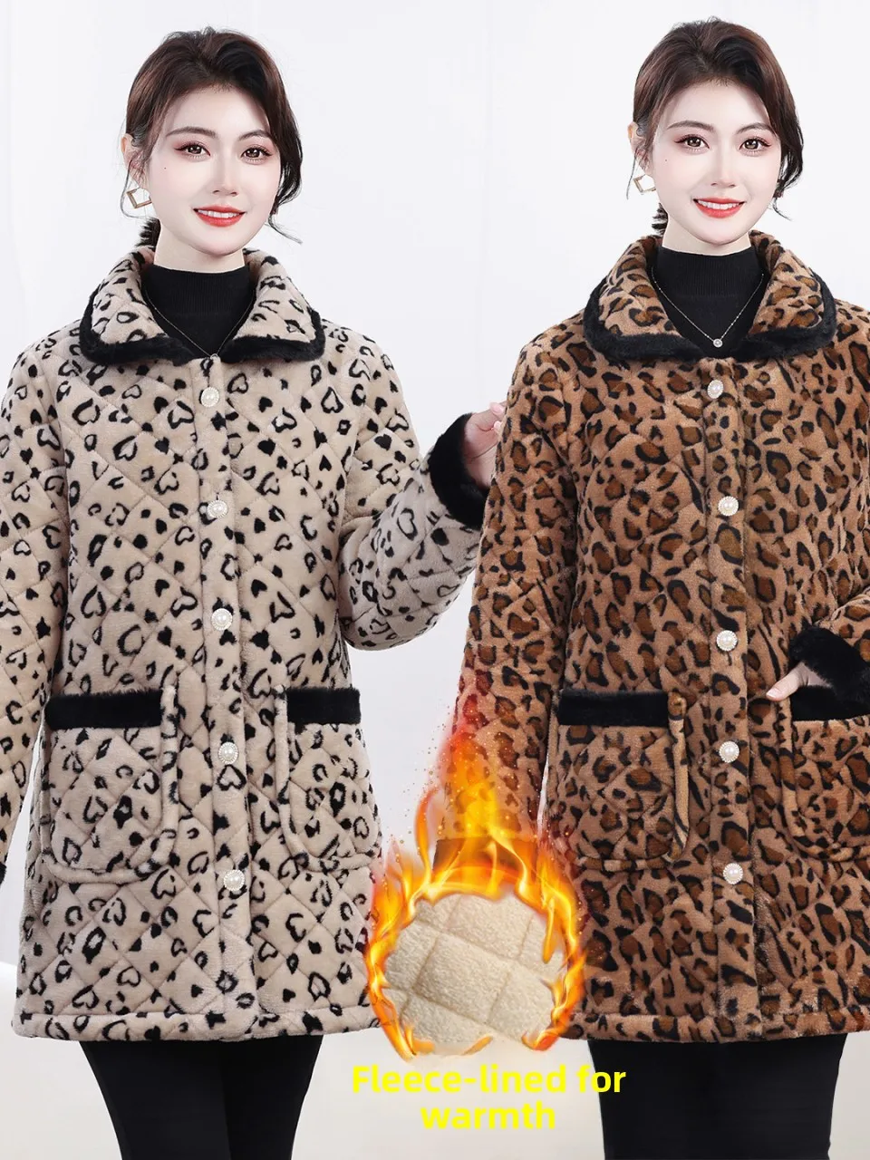 

Новая модная утепленная хлопковая куртка средней длины с воротником и леопардовым принтом больших размеров для женщин среднего возраста, коллекция 2025 года