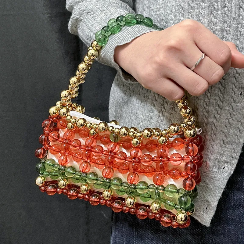 

Fashionable Retro Handwoven Multicolor Beaded Women's Evening Bag Brand High-end Party Woven Handbags Luxury Designer Tote Bag