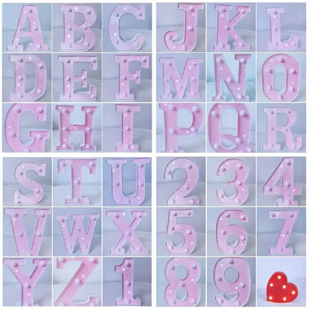 1PC 16cm Pink Glitter LED Letter&Number Lights Battery Powered Decorative Lights For Wedding,Proposal,Birthday,Party,Photo Props