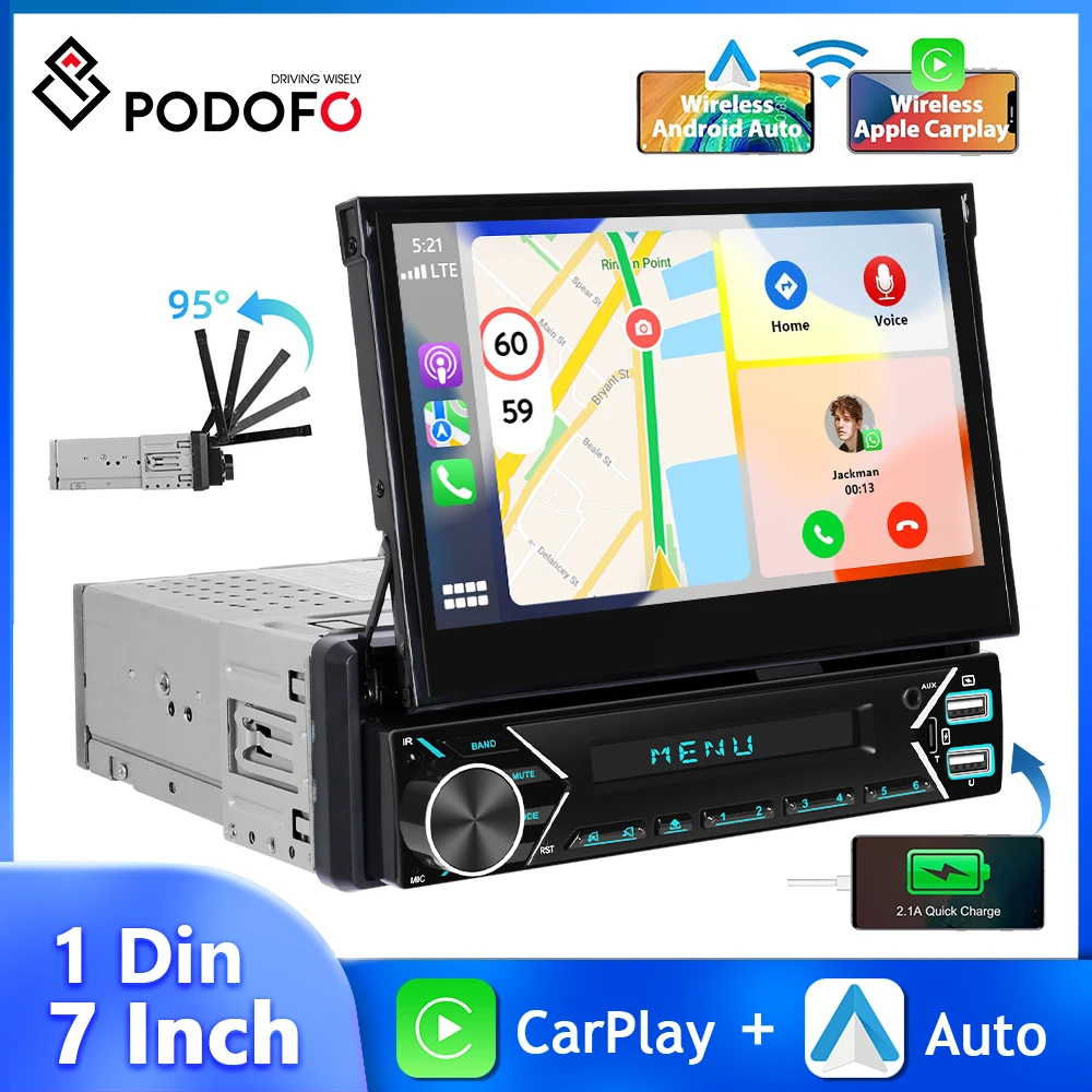 

Podofo 1Din MP5 Player 7'' HD Retractable Car Radio Wireless Carplay Android Auto Multimedia Player Bluetooth FM USB Car Audio