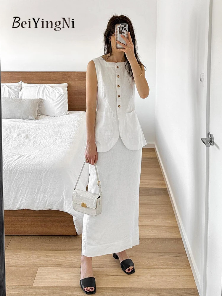 

Beiyingni Women Sleeveless Vest And Skirt Set Casual Slim Buttons Tank Top Suits Female Elegant Cotton Linen Skirts 2 Piece Sets