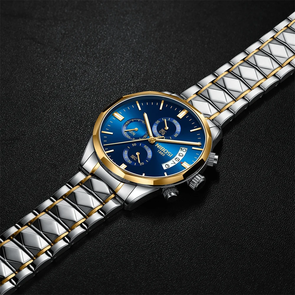 NIBOSI العلامة التجارية موضة ساعة كوارتز رجالية الفولاذ المقاوم للصدأ مقاوم للماء مضيئة التقويم الفاخرة ساعات كرونوغراف رجالي Reloj Hombre
