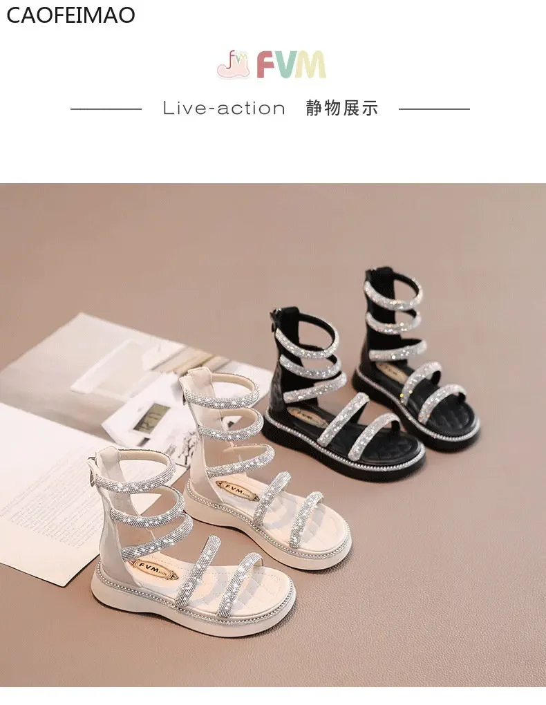 Summer Children‘s Girls Gladiator Sandals Rhinestone Crystal Princess Solf Shoes Non-slip Breathable Fashion Kids Sandals Girls