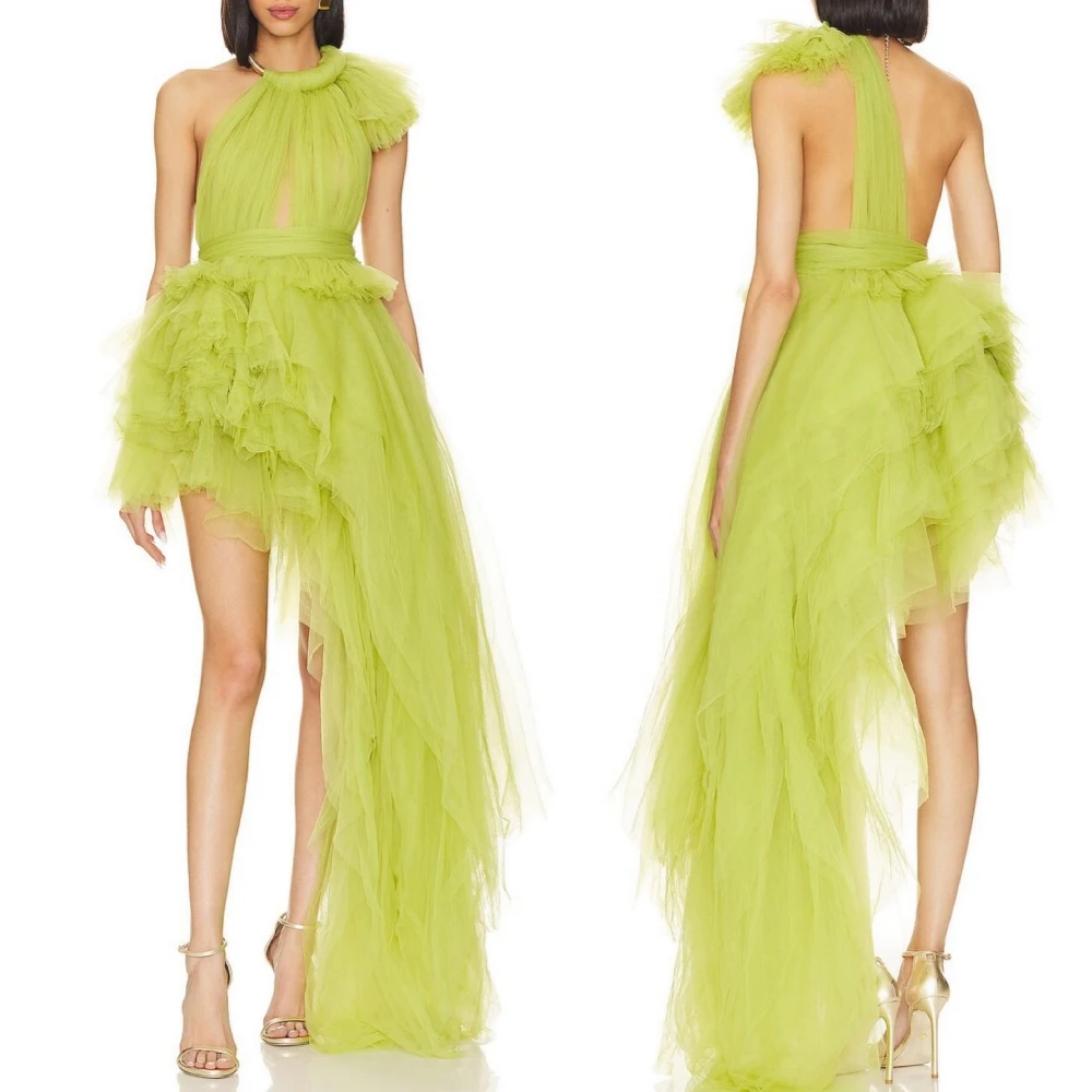 

Customized Tulle Pleat Christmas A-line Halter Bespoke Occasion Gown Long Dresses