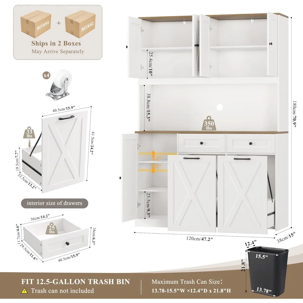 

71"h kitchen trash can cabinet, 12.5 gallon double pull out garbage can hutch cabinet with trash bin storage holders, 47" wide